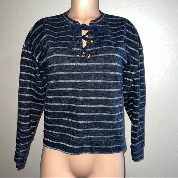 Lucky Brand Ladies Navy & White Striped Lace Up Pullover Sweatshirt sz S - Picture 6 of 6